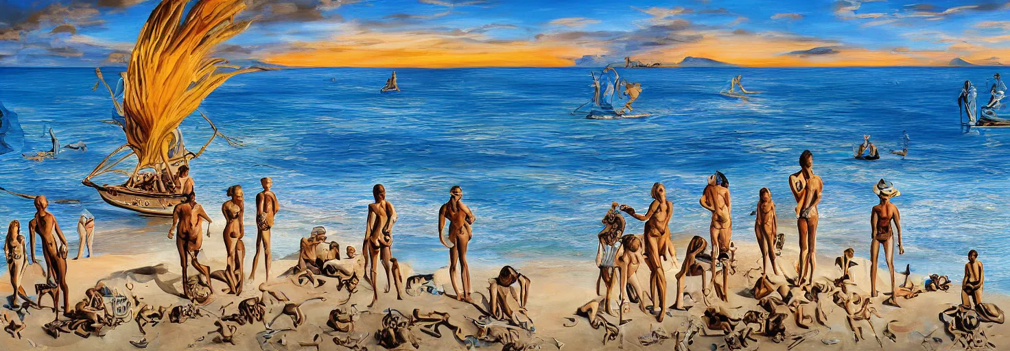 Image similar to People in beach by Salvador Dali and Bob Ross collaboration, mural, sun set, digital art, high details