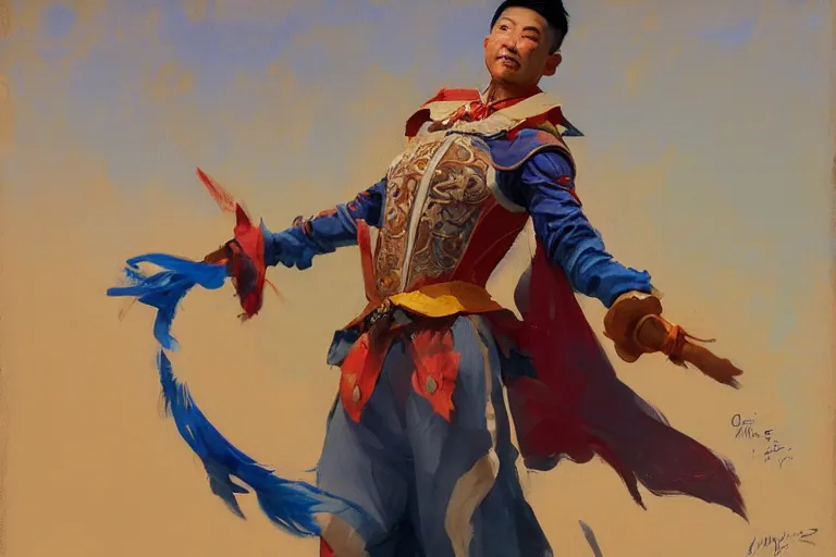 Image similar to greg manchess portrait of an asian man in a jester outfit cheering in the center of an arena, profile picture, organic painting, sunny day, matte painting, bold shapes, hard edges, street art, trending on artstation, by huang guangjian, gil elvgren, ruan jia, randy vargas, greg rutkowski