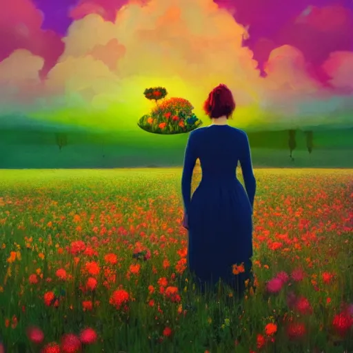 Image similar to woman with blooming flower face, standing in flower field, surreal photography, sunrise, impressionist painting, colorful clouds, artstation, dali, simon stalenhag