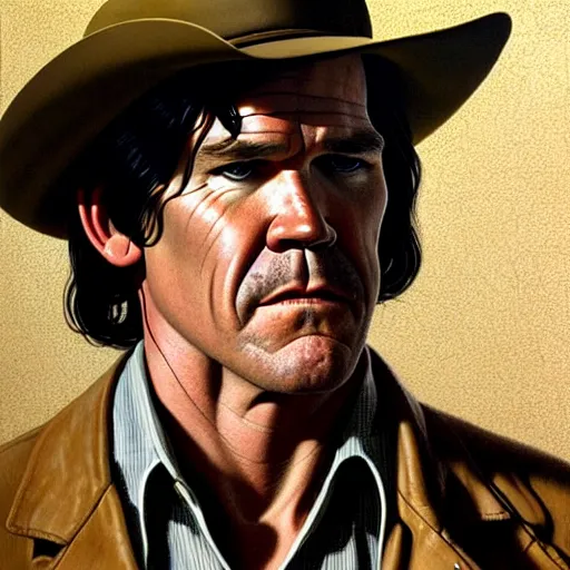 Image similar to portrait of josh brolin as llewelyn moss in no country for old men. 7 0 s cowboy clothes and environment. flat colours. oil painting by lucian freud. path traced, highly detailed, high quality, j. c. leyendecker, drew struzan tomasz alen kopera, peter mohrbacher, donato giancola