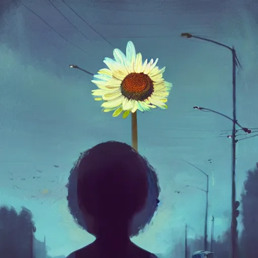 Prompt: closeup, a huge daisy flower as a head, a woman in a modern city, surreal photography, night light, dark, impressionist painting, digital painting, artstation, simon stalenhag