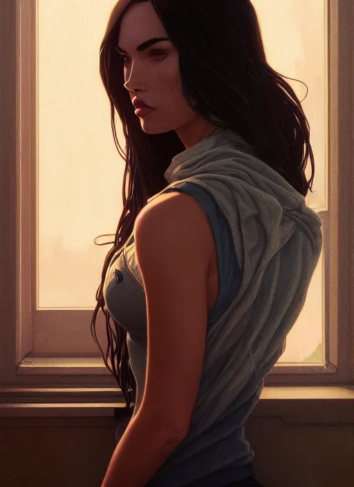 Image similar to highly detailed portrait of megan fox, stephen bliss, unreal engine, greg rutkowski, loish, rhads, beeple, makoto shinkai and lois van baarle, ilya kuvshinov, rossdraws, tom bagshaw, alphonse mucha, global illumination, god rays, detailed and intricate environment