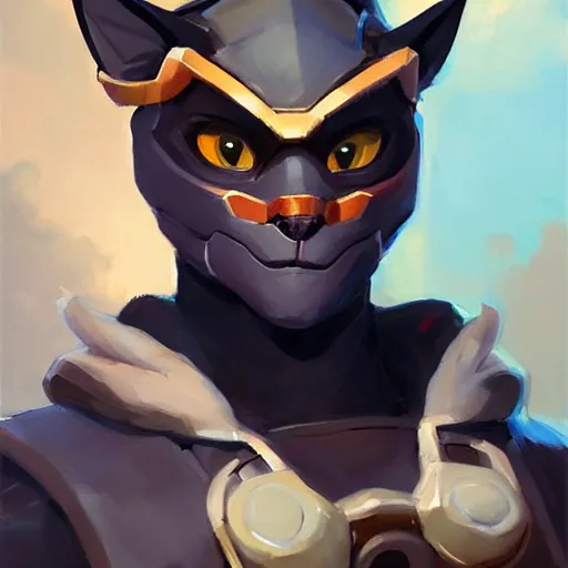 Image similar to greg manchess portrait painting of partially armored purrfect protagonist cat as overwatch character, medium shot, asymmetrical, profile picture, organic painting, sunny day, matte painting, bold shapes, hard edges, street art, trending on artstation, by huang guangjian and gil elvgren and sachin teng