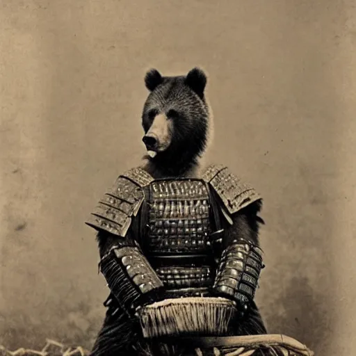 Image similar to “grizzly bear in full samurai armour, 1900’s photo”