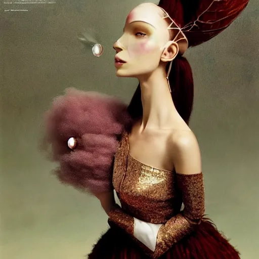 Image similar to a brown woman wearing a candy floss armor. super detailed. layered. textured. award winning. refracted lighting. fragile. by ray caesar. by louise dahl - wolfe, by andrea kowch. surreal photography.