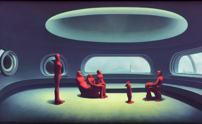 Image similar to Inside futuristic spaceship, Edward Hopper and James Gilleard, Zdzislaw Beksinski, Mark Ryden, Wolfgang Lettl highly detailed, hints of Yayoi Kasuma