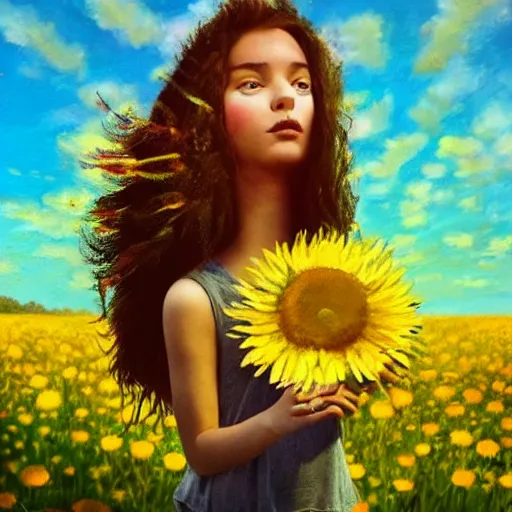 Prompt: head and face made of giant daisies, girl standing barefoot in a flower field, holding flowers, surreal photography, sunrise dramatic light, impressionist painting, colorful clouds, large sky, digital painting, artstation, simon stalenhag, flower face