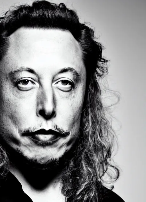 Image similar to A black and white, high contrast portrait of Elon Musk. He has very long hair and a beard. Looks like an old hippie