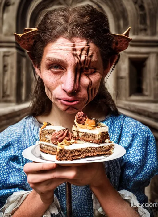 Image similar to closeup portrait of a medieval goblin eating cakes in the cloisters, depth of field, zeiss lens, detailed, symmetrical, centered, fashion photoshoot, by Annie Leibovitz and Steve McCurry, David Lazar, Jimmy Nelsson, Breathtaking, 8k resolution, extremely detailed, beautiful, establishing shot, artistic, hyperrealistic, beautiful face, octane render