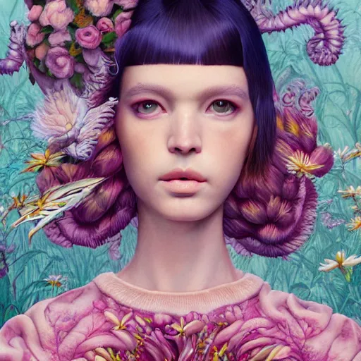 Image similar to pretty model with botanical and clouds : : by martine johanna and simon stalenhag and chie yoshii and casey weldon and wlop : : ornate, dynamic, particulate, rich colors, intricate, elegant, highly detailed, vogue, harper's bazaar art, fashion magazine, smooth, sharp focus, 8 k, octane render