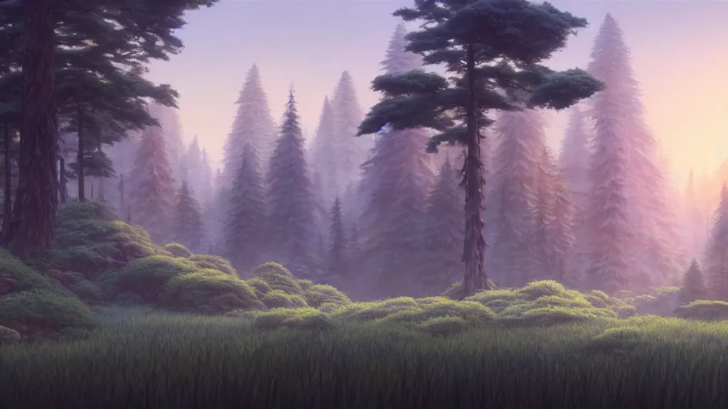 Image similar to forest clearing landscape, studio ghibli, pixar and disney animation, sharp, rendered in unreal engine 5, highly detailed, digital painting, artstation, concept art, smooth, sharp focus, illustration, wide angle, artbook, wallpaper, splash art, promo art, dramatic lighting, art by artgerm and greg rutkowski and bo chen and jin xiaodi