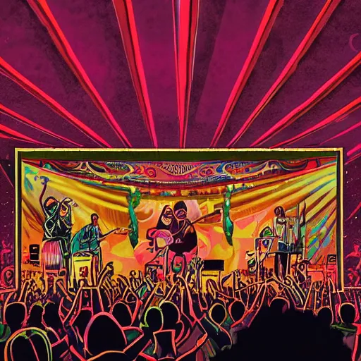 Prompt: a beautiful reggae music concert, raw, brass instrument, singer, tabla, guitar, battery, view from the crowd, by james jean, by rossdraws, frank franzzeta, mcbess, pink scheme color