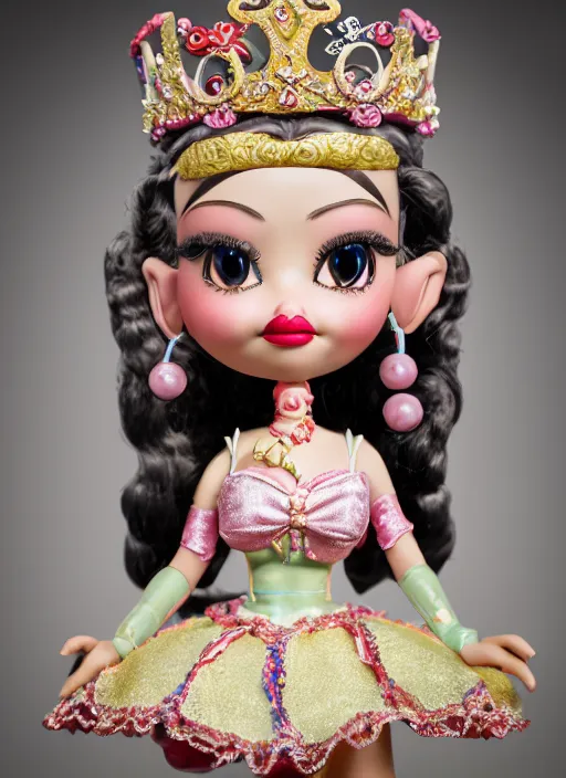 Image similar to closeup face profile portrait of tin toy sylvia sims as a fairytale princess wearing a crown eating cakes, bikini, depth of field, zeiss lens, detailed, symmetrical, centered, fashion photoshoot, by nicoletta ceccoli, mark ryden, lostfish, breathtaking, 8 k resolution, extremely detailed, beautiful, establishing shot, artistic, hyperrealistic, octane render