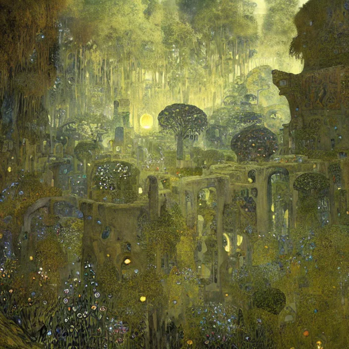 Image similar to ancient overgrown! ruins, medieval gates, runestones, mysetrious etherial mesmerizing runic!! cat eyes, magical elven geometry, concept art by gustav klimt!, deviantart contest winner, environmental art, fairy circle, grand landscape art by greg rutkowski, lit by moonlight, high detail, intricate masterpiece