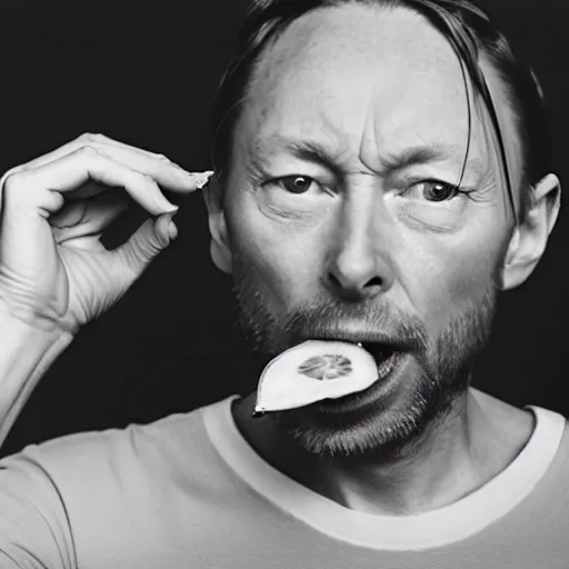 Prompt: thom yorke sucking on a lemon, by annie leibovitz, photorealistic