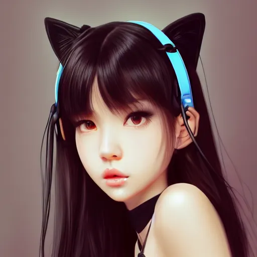 Image similar to realistic detailed semirealism beautiful gorgeous natural cute Blackpink Lalisa Manoban black hair black cat ears, wearing white camisole outfit, headphones, black leather choker artwork drawn full HD 4K high resolution quality artstyle professional artists WLOP, Aztodio, Taejune Kim, Guweiz, Pixiv, Instagram, Artstation