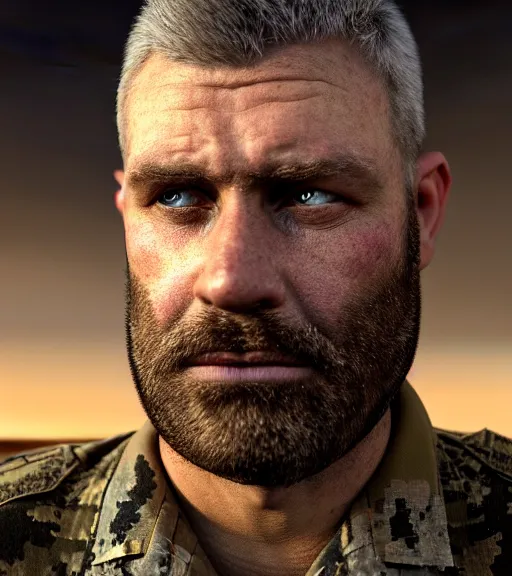 Image similar to portrait of muscular, tired and alcoholic 3 0 - year - ol 5 grieving man with short darkblonde hair, serious sad look in his eyes, looking down, dirty beard, blue eyes, crying tears, wearing dirty soldier uniform, on the desert, sad atmosphere, hyper realistic face, character art, art by mark brooks, cryengine, trending on artstation, digital art