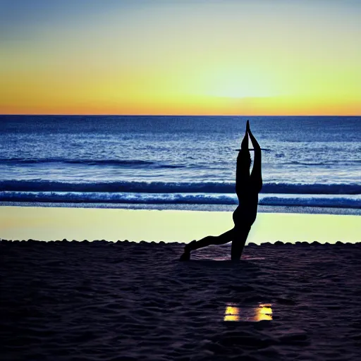 Prompt: silhoutte of woman doing yoga on the beach, photo