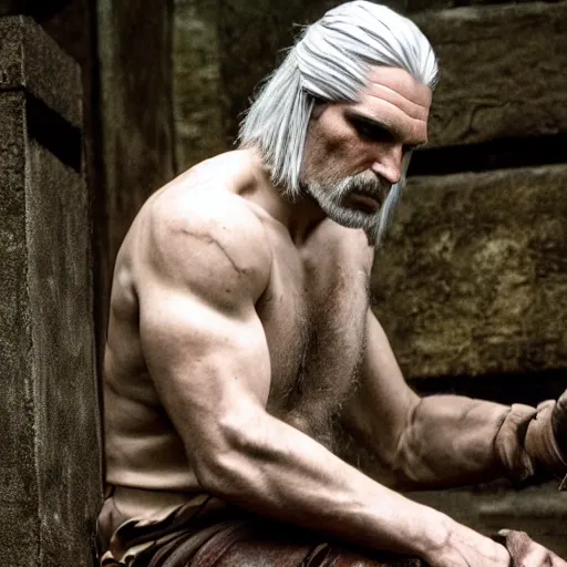 Image similar to geralt from the witcher, posed like rodin's the thinker, film still