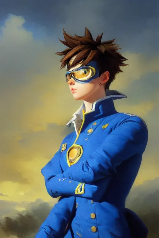 Image similar to oil painting of tracer overwatch in a field wearing blue uniform, in style of ivan aivazovsky, expressive face, detailed face, detailed eyes, full body, feminine face, tracer overwatch,