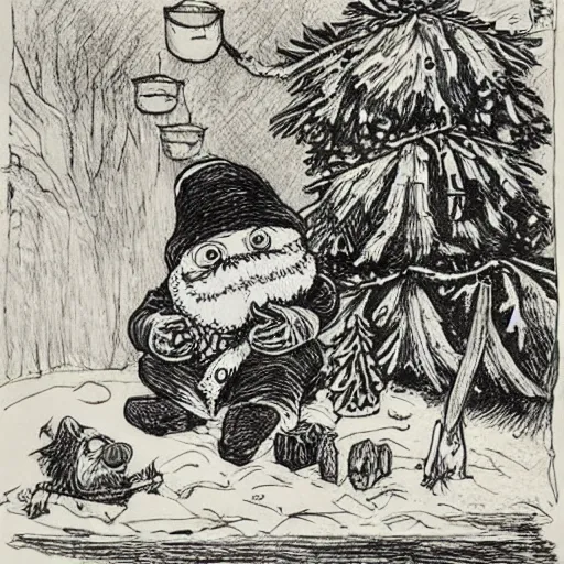 Prompt: garden gnome and pepe the frog celebrating yuletide, by theodor severin kittelsen, kjell aukrust, ink drawing, dip pen