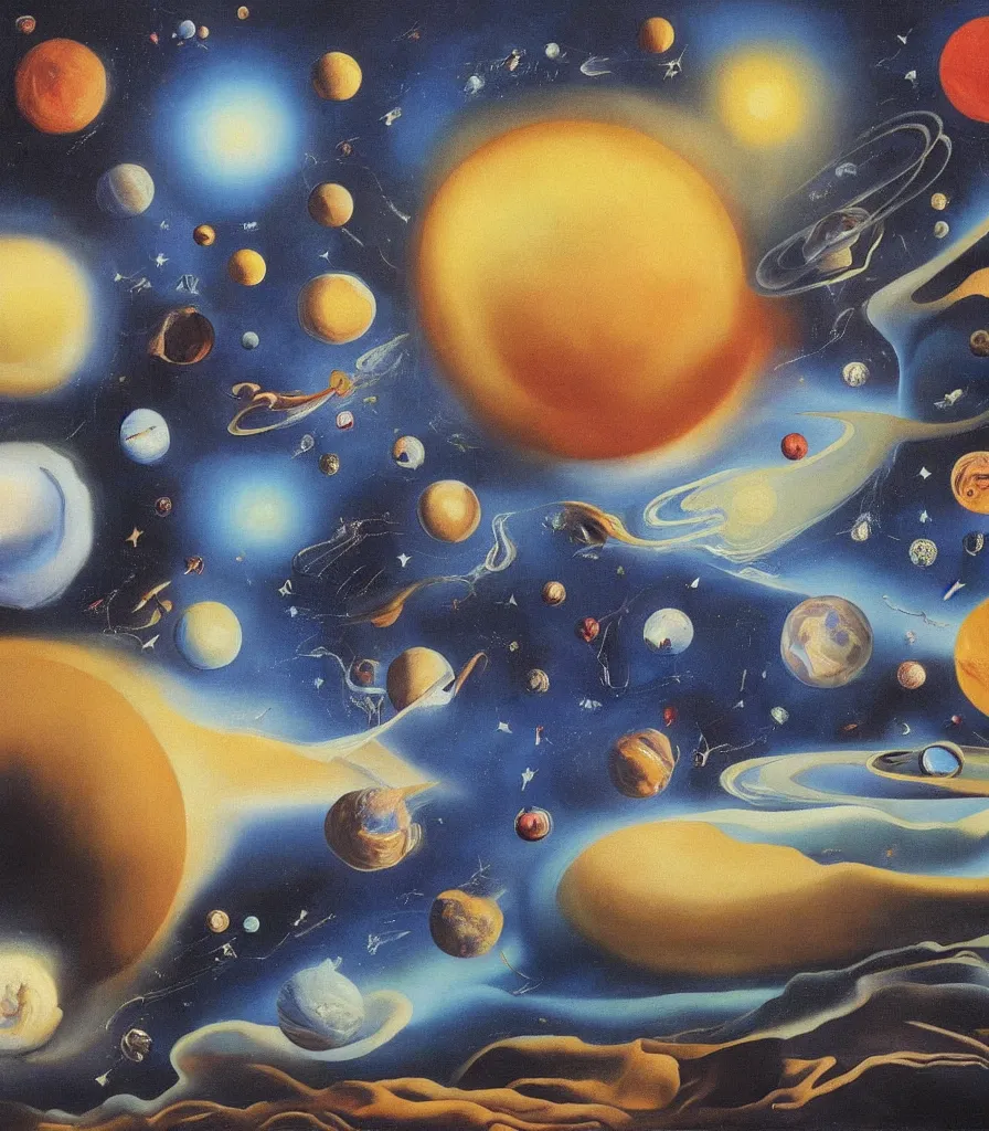 Prompt: a beautiful surrealistic painting of planets and stars in the universe by salvador dali, trending on artstation., oil painting