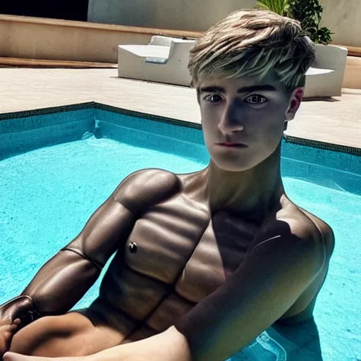 Image similar to “a realistic detailed photo of a guy who is an attractive humanoid who is half robot and half humanoid, who is a male android, twitch streamer Ninja Tyler Blevins, shiny skin, posing like a statue, blank stare, by the pool as a pool boy , display”