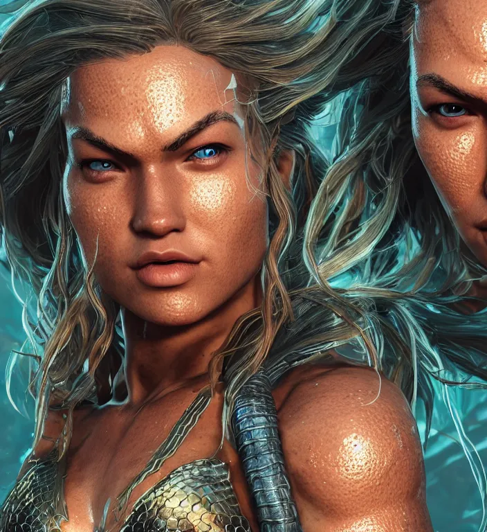 Image similar to female aquaman, au naturel, hyper detailed, digital art, trending in artstation, cinematic lighting, studio quality, smooth render, unreal engine 5 rendered, octane rendered