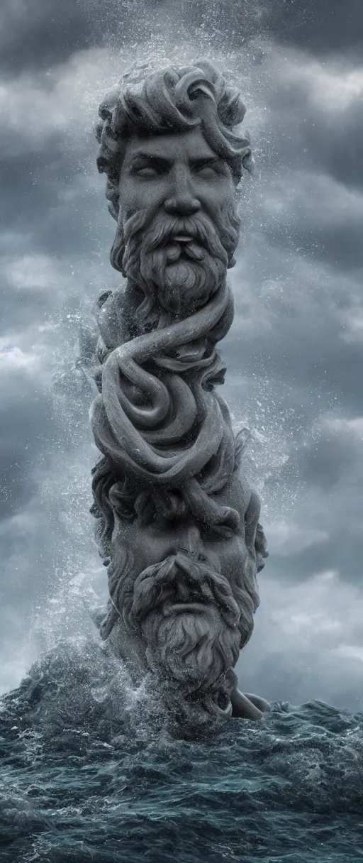 Image similar to stone bust of poseidon in the ocean, heavy waves, dark clouds, vivid, atmospheric, rainy, realistic, ultra detail, somber, hd, octane render, featured on artstation