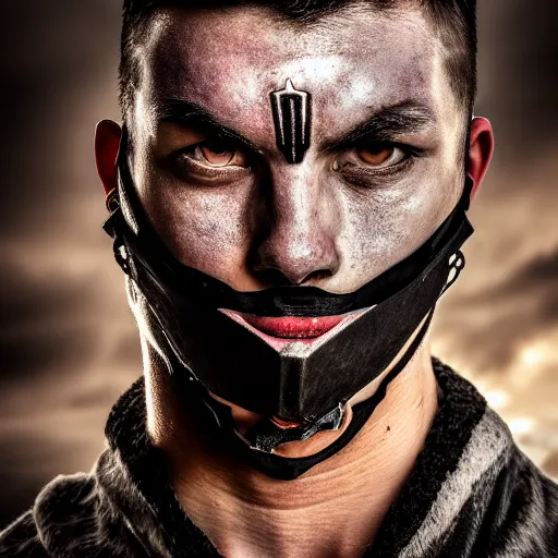 Prompt: portrait of a male warrior with split face mask,fantasy, D&D, HDR, natural light, dynamic pose, award winning photograph, 8k, Mucha style,