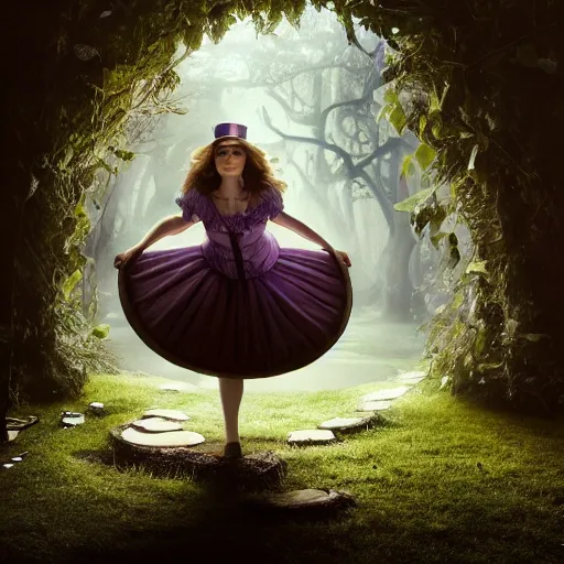 Image similar to full body pose, hyperrealistic photograph of alice in wonderland, dim volumetric lighting, 8 k, octane beautifully detailed render, extremely hyper detailed, intricate, epic composition, cinematic lighting, masterpiece, trending on artstation, very very detailed, stunning, hdr, smooth, sharp focus, high resolution, award, winning photo, dslr, 5 0 mm