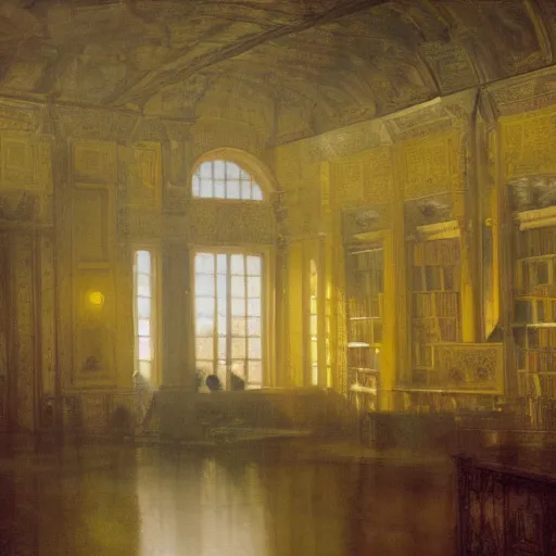 Image similar to painting of an empty dishelved studying room with yellow light from above, books scattered, highly detailed, intricate, dark colors, j. m. w turner, 8 k, intricate, dramatic lighting