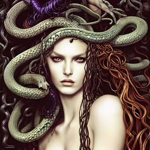 Image similar to head and shoulders vogue 7 0 mm fashion photo of medusa with different species of snakes for her hair, d & d, fantasy, luis royo, magali villeneuve, donato giancola, wlop, krenz cushart