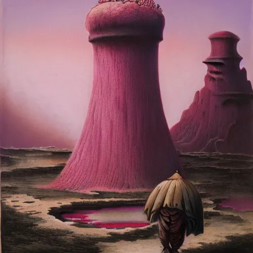 Image similar to african moors in white robes building a steampunk portal near a pink lake by zdislaw beksinski and thomas blackshear and alex grey, oil on canvas, 8k