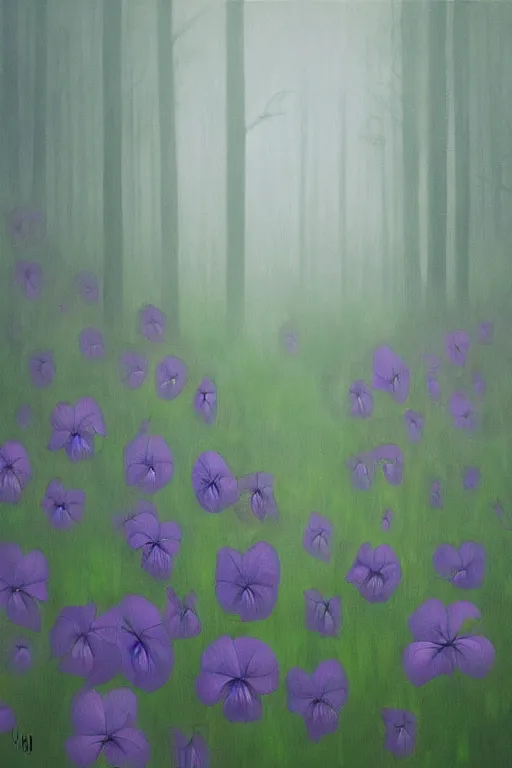 Prompt: moody painting of purple morning glory flowers growing in a forest dimly lit by morning light. muted colour palette painting painting by jamie hewlett