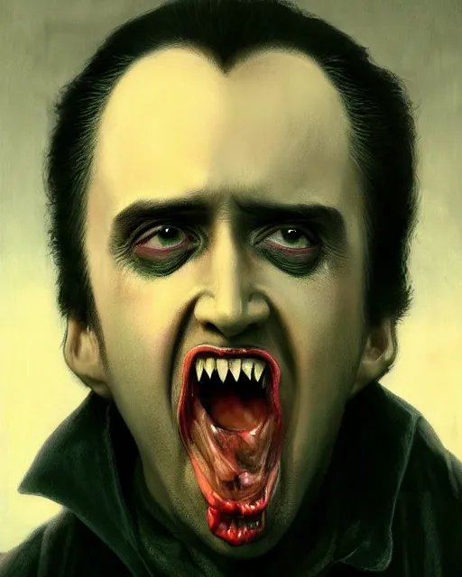 Image similar to nicolas cage as dracula, fangs, highly detailed, centered, artstation, concept art, smooth, sharp focus, illustration, bokeh art by artgerm and donato giancola and joseph christian leyendecker zdzisław beksinski