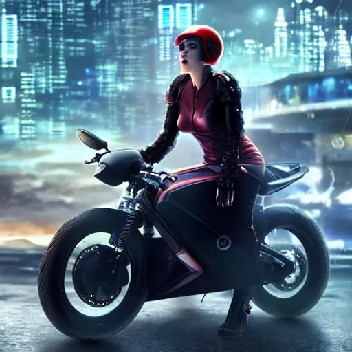 Image similar to scarlett johansson riding a futuristic motorbike in cyberpunk city, realistic, cinematic, hdr