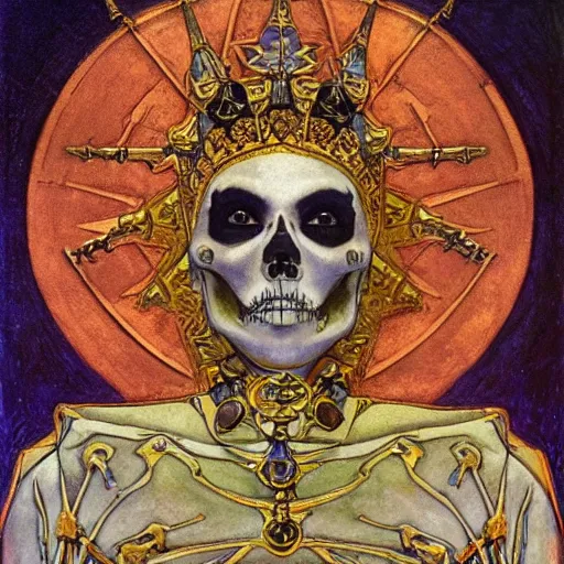 Prompt: saint skeleton queen, by Annie Swynnerton and Nicholas Roerich and jean delville, strong dramatic cinematic lighting , ornate headdress , flowing robes, lost civilizations, smooth, sharp focus, extremely detailed, marble, stars, gold, space