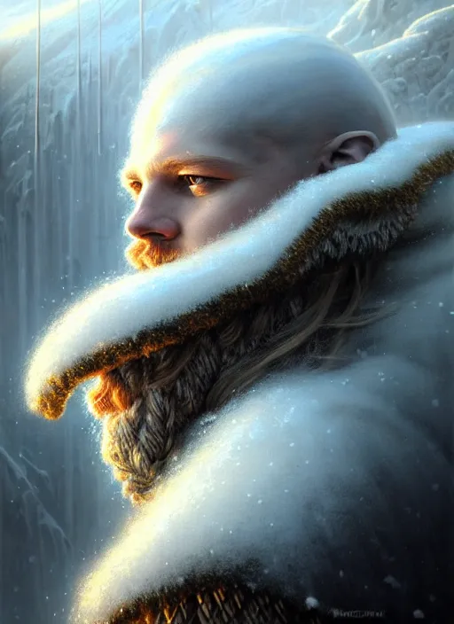 Image similar to closeup portrait shot of a snow viking in a scenic dystopian environment, intricate, elegant, highly detailed, centered, digital painting, artstation, concept art, smooth, sharp focus, illustration, artgerm, tomasz alen kopera, peter mohrbacher, donato giancola, joseph christian leyendecker, wlop, boris vallejo