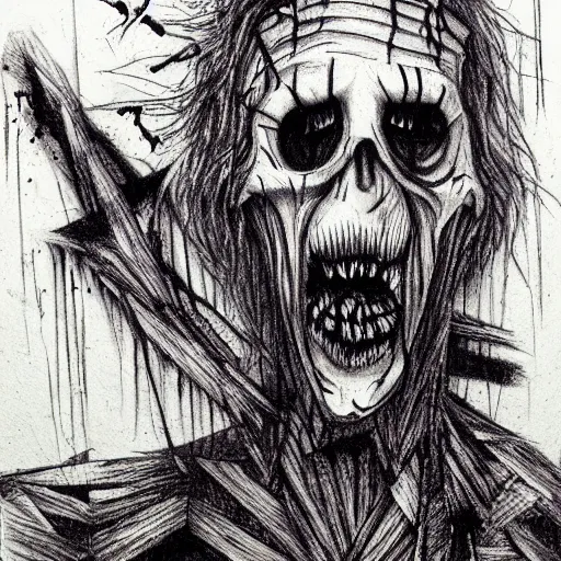 Image similar to a scary horror themed wooden shred drawn with charcoal and pen and ink, half-tone-line-stacking