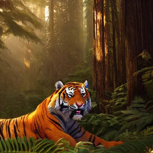 Prompt: tiger in a redwood forest, sunlit, octane render, matte, greg rutkowski, highly detailed, hdr