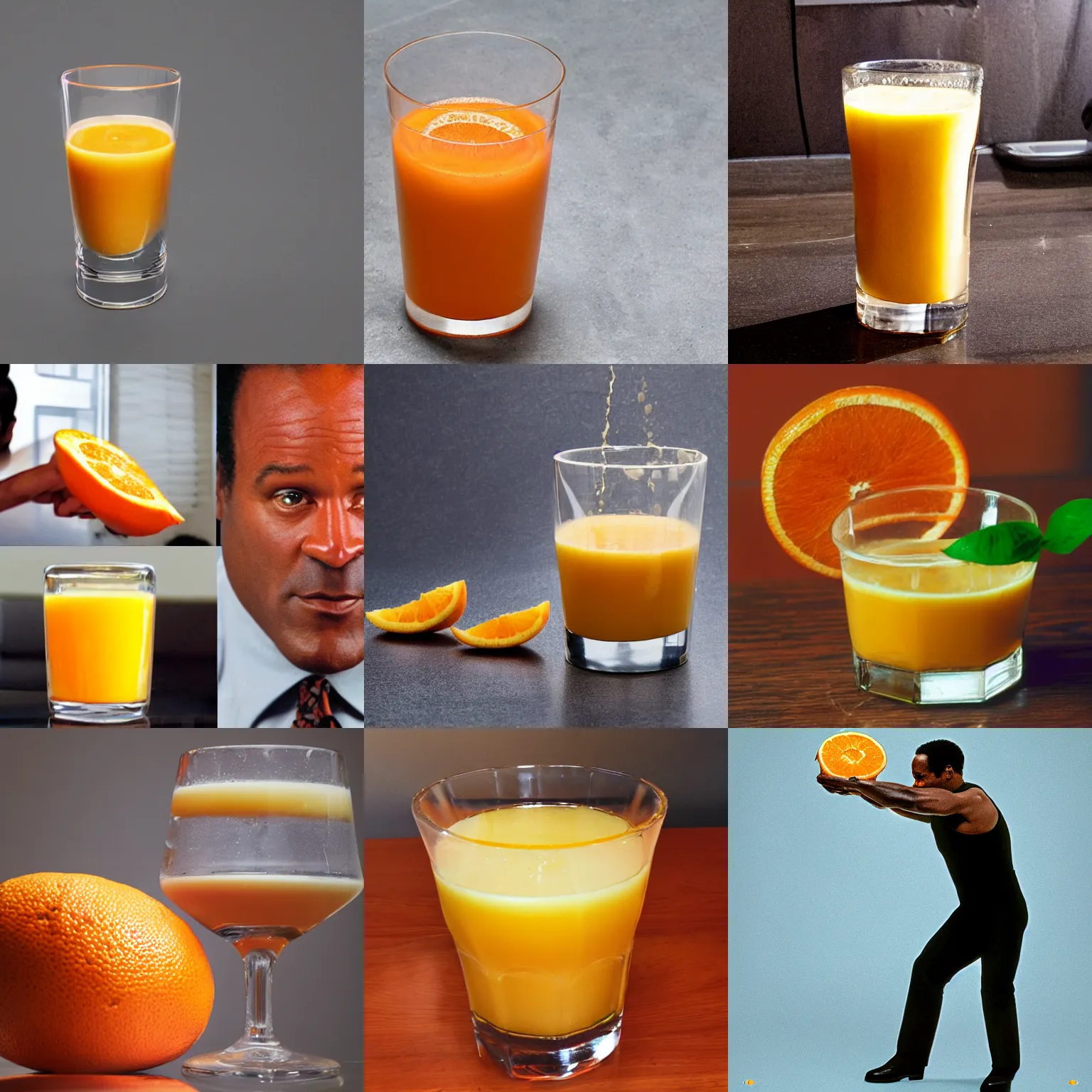 Prompt: ( shrunk down o j simpson ) stuck inside [ stuck inside ] [ a glass of orange juice ]