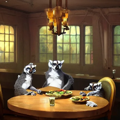 Prompt: ring - tailed lemur in the restaurant by greg rutkowski and thomas kinkade, trending on artstation, 3 d render octane! dream ring - tailed lemur having lunch in a restaurant by greg rutkowski and thomas kinkade, trending on artstation, 3 d render octane