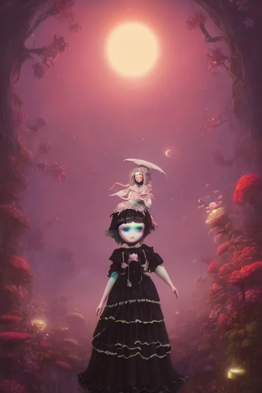 Image similar to a surreal Bioluminescent, very very very cute gothic lolita in a happy world by Daniel Merriam, Trending on Artstation, oil on Canvas by Elena Zhurikhina and Goro Fujita and Charlie Bowater, octane render, 4k, 8k, HD