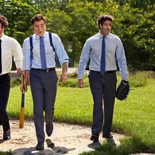 Image similar to three men in business casual outfits beating the shit out of a printer with a baseball bat, movie still, outside, sunny day