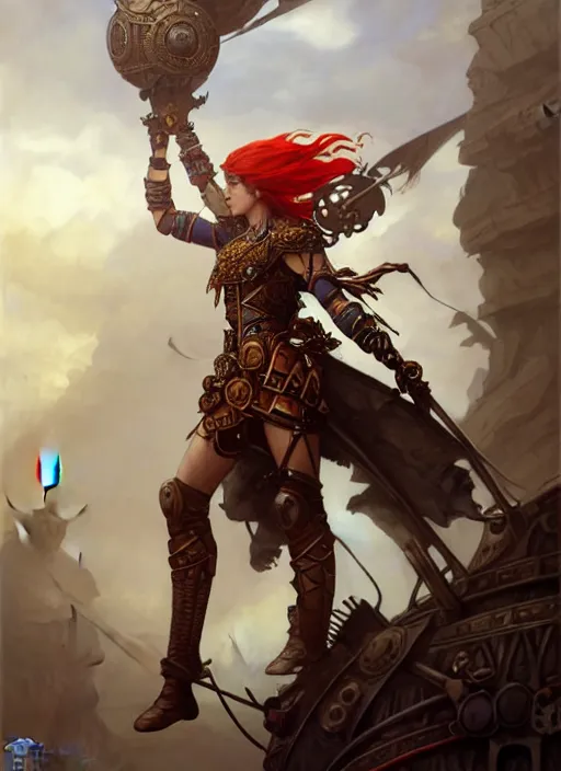 Prompt: upper body shot of a warrior with Ukrainian flag, D&D, handsome, fantasy, intricate, long hair, steampunk airship in backdrop, steampunk, red hair, elegant, highly detailed, digital painting, artstation, concept art, smooth, sharp focus, illustration, art by artgerm and greg rutkowski and alphonse mucha