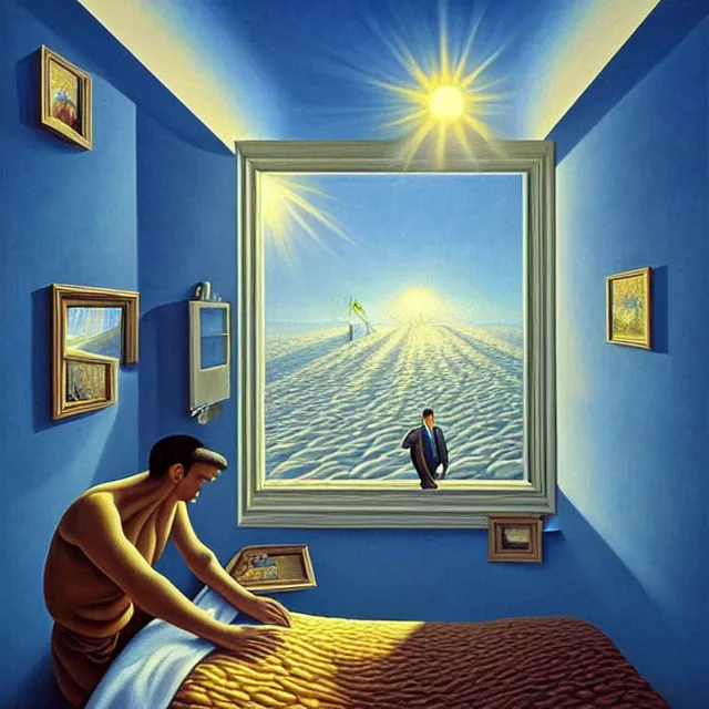 Prompt: an oil on canvas portrait of a man waking up and the sun is shining through the window, surrealism, surrealist, lovecraftian, cosmic horror, rob gonsalves, high detail