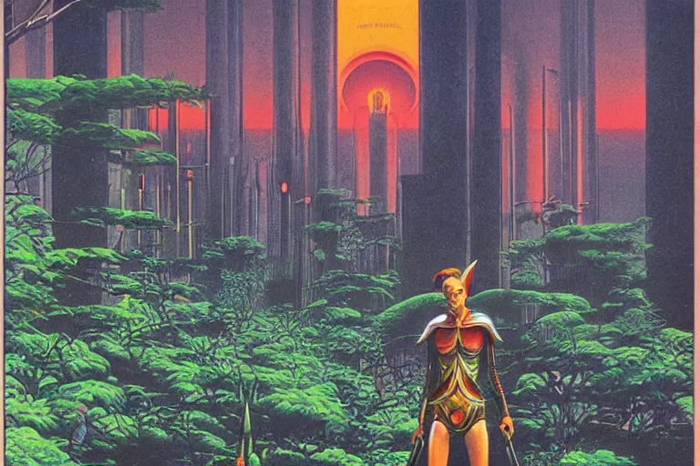 Image similar to 1979 OMNI Magazine Cover of a Druid elf with armor at a Garden park in Neo-Tokyo in cyberpunk style by Vincent Di Fate