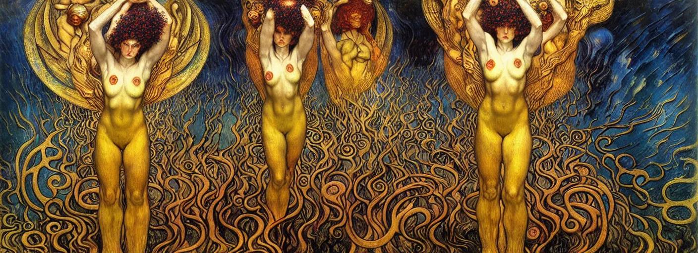 Image similar to Divine Chaos Engine by Karol Bak, Jean Delville, William Blake, Gustav Klimt, and Vincent Van Gogh, symbolist, visionary