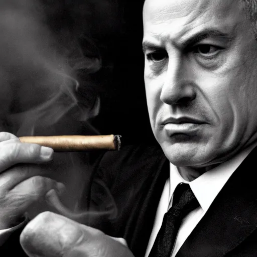 Prompt: portrait of benjamin netanyahu as the godfather smoking a cigar, neo noir style, dramatic lighting, cinematic, dark, foreboding, establishing shot